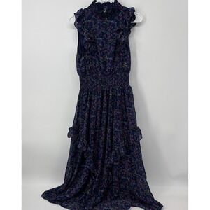 Lulus Evalina Blue Floral Mock Neck Midi Dress Size Small Sleeveless Tiered